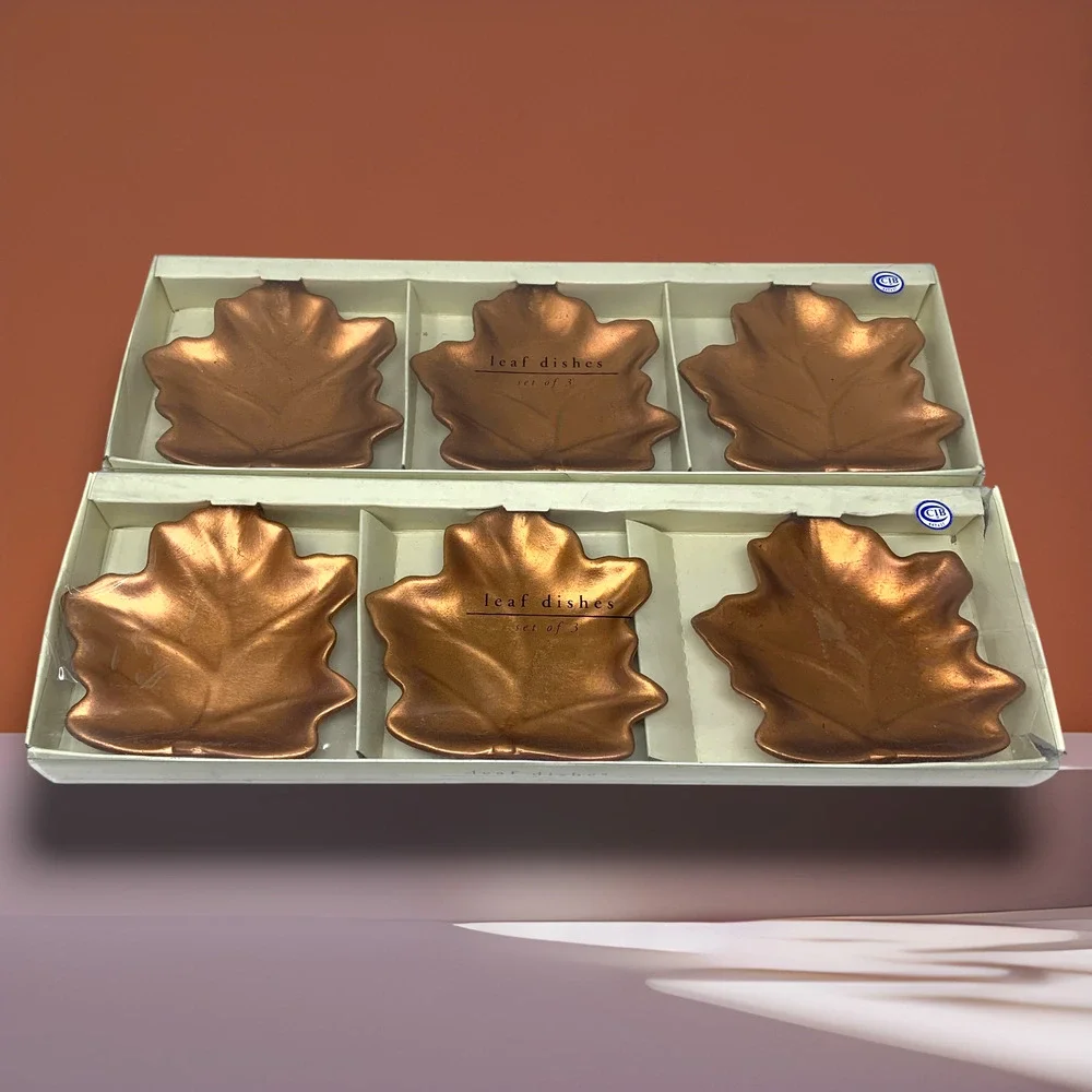 Lot 6 NEW Pier 1 Leaf Dishes Metallic Copper Ceramic 5 x 4.5